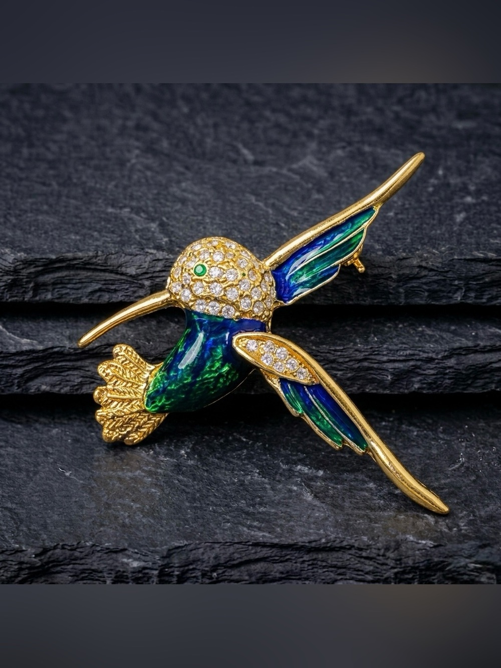 Vintage 80s Roman Enamel Rhinestone Hummingbird Bird Gold Tone Figural Brooch
